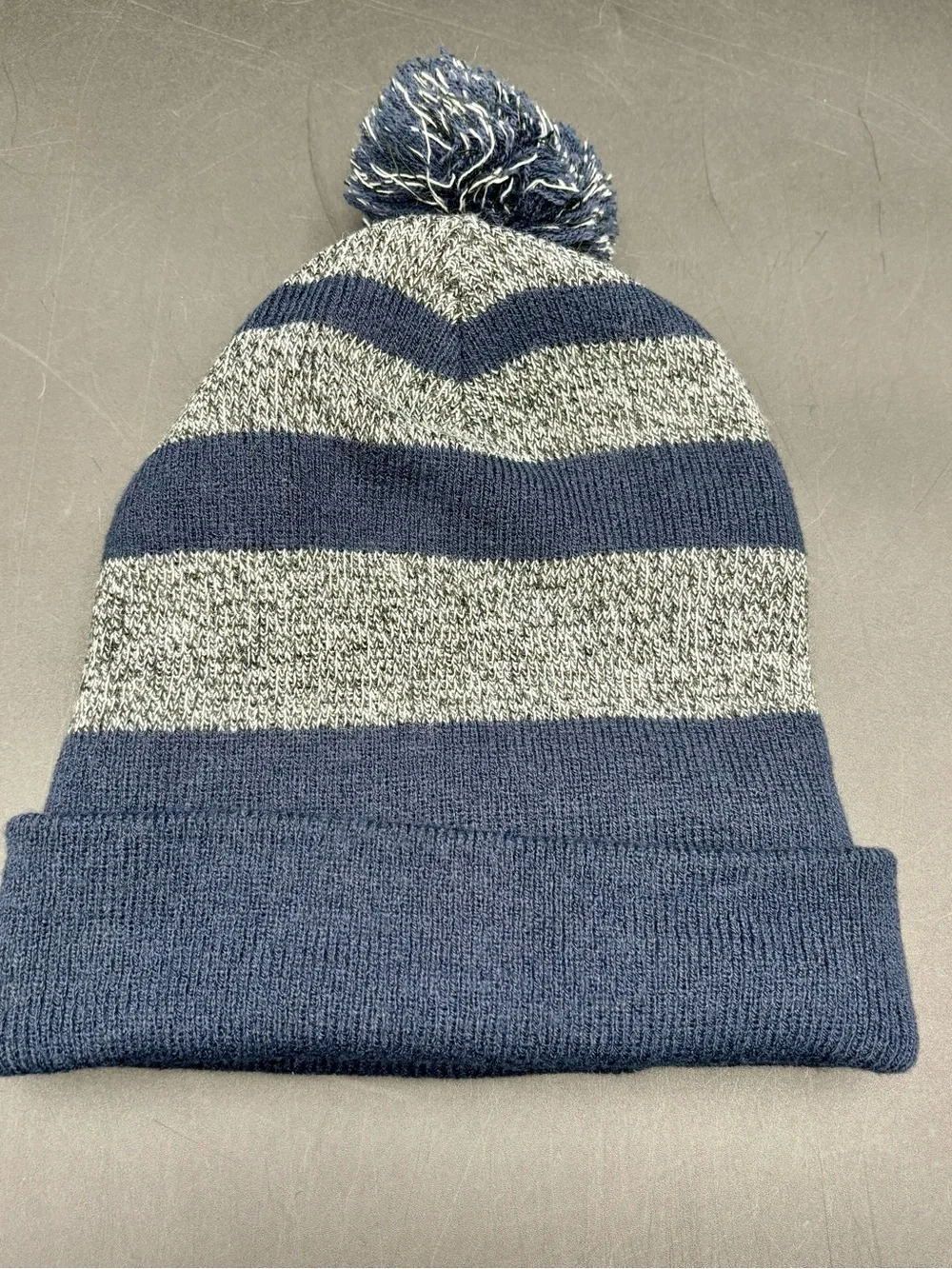 Crossland Hedrick Striped Pom Beanie Hat Navy / Grey - Great Condition